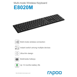 RAPOO Tastatur E8020, Multi-Mode, Trådløs, smalt