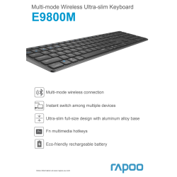 RAPOO Tastatur E9800M, Multi-Mode, Trådløst, Grå
