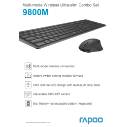 RAPOO Tastatur/Mus-Sæt 9800M, Trådløs, Multi-Mode