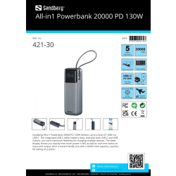 Sandberg Powerbank 20000 PD, 130W -  All-in1