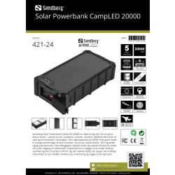 Sandberg Powerbank m. solcelle - CampLED 20000 mAh