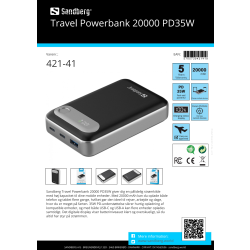 Sandberg Powerbank, Rejse - 20000 mAh - PD35W