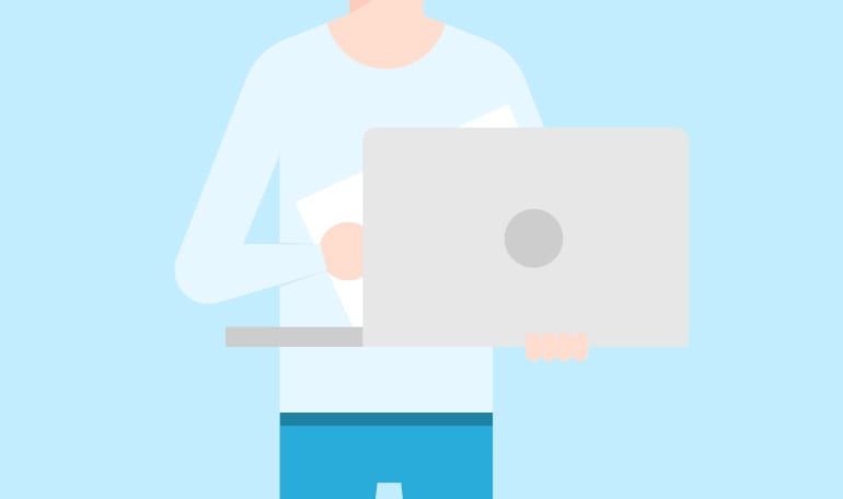 Grafik af person der står med laptop på turkisblå baggrund