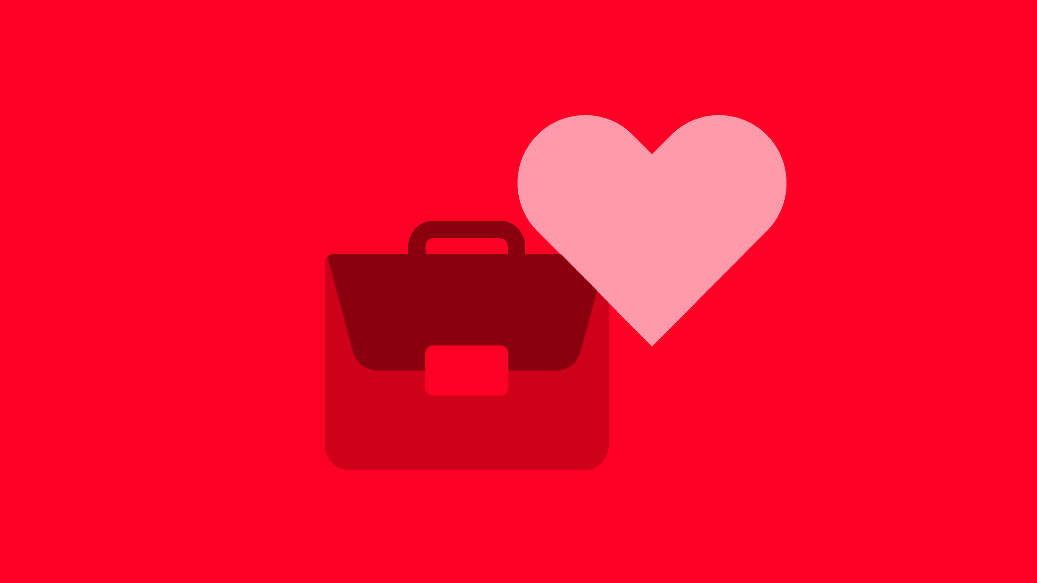 Lyserødt hjerte og kuffert på rød baggrund