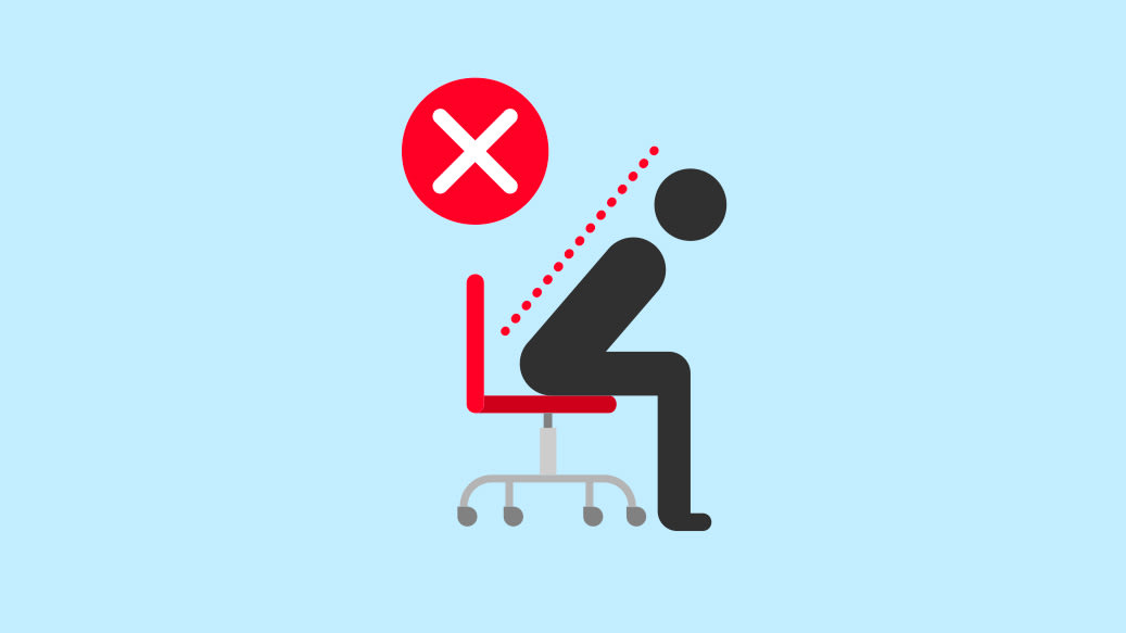 Grafik viser forkert arbejdsstilling, når der ikke bruges god kontorstol til dårlig ryg