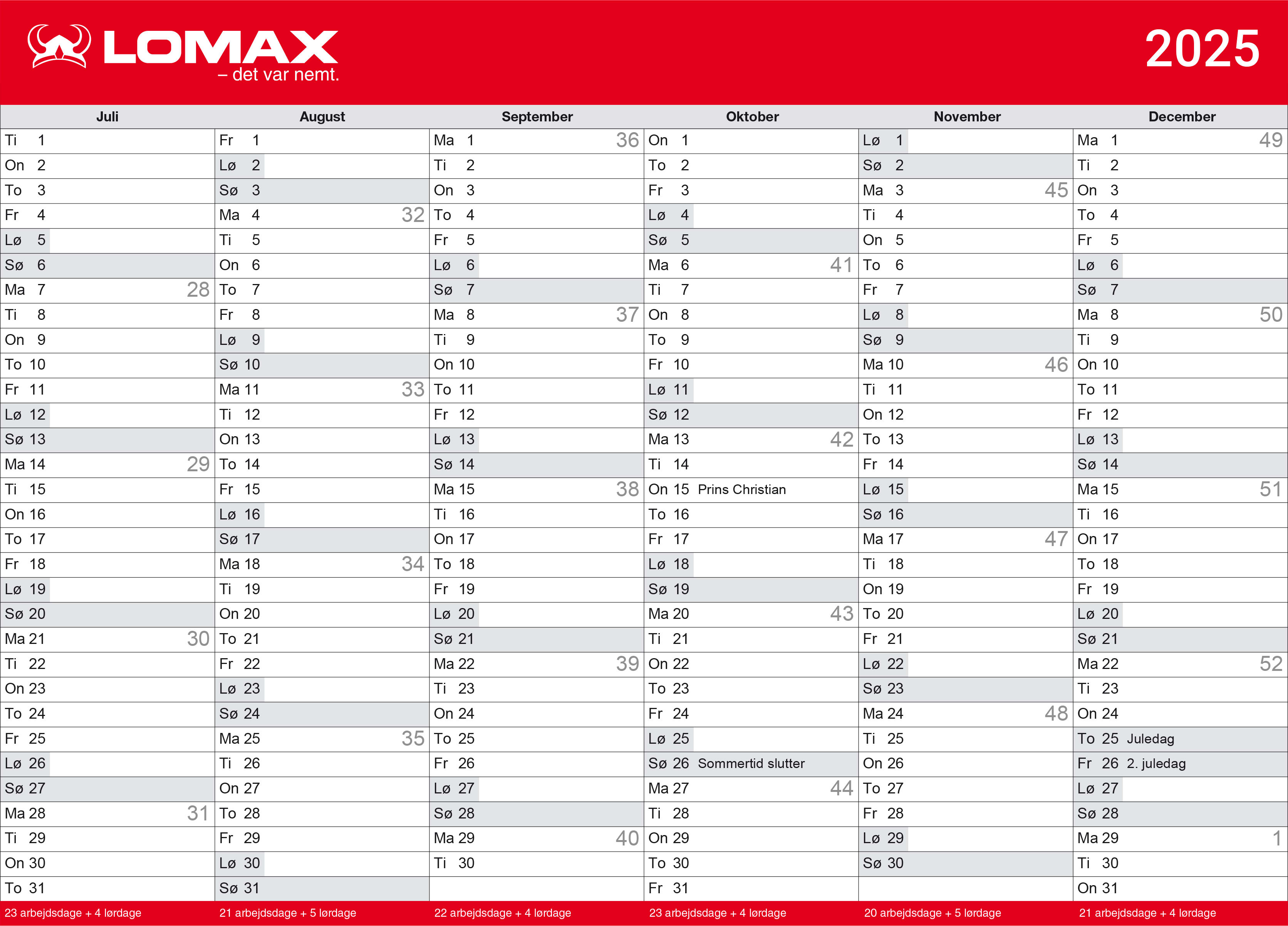 Lomax kalender print selv 2025 2. halvår