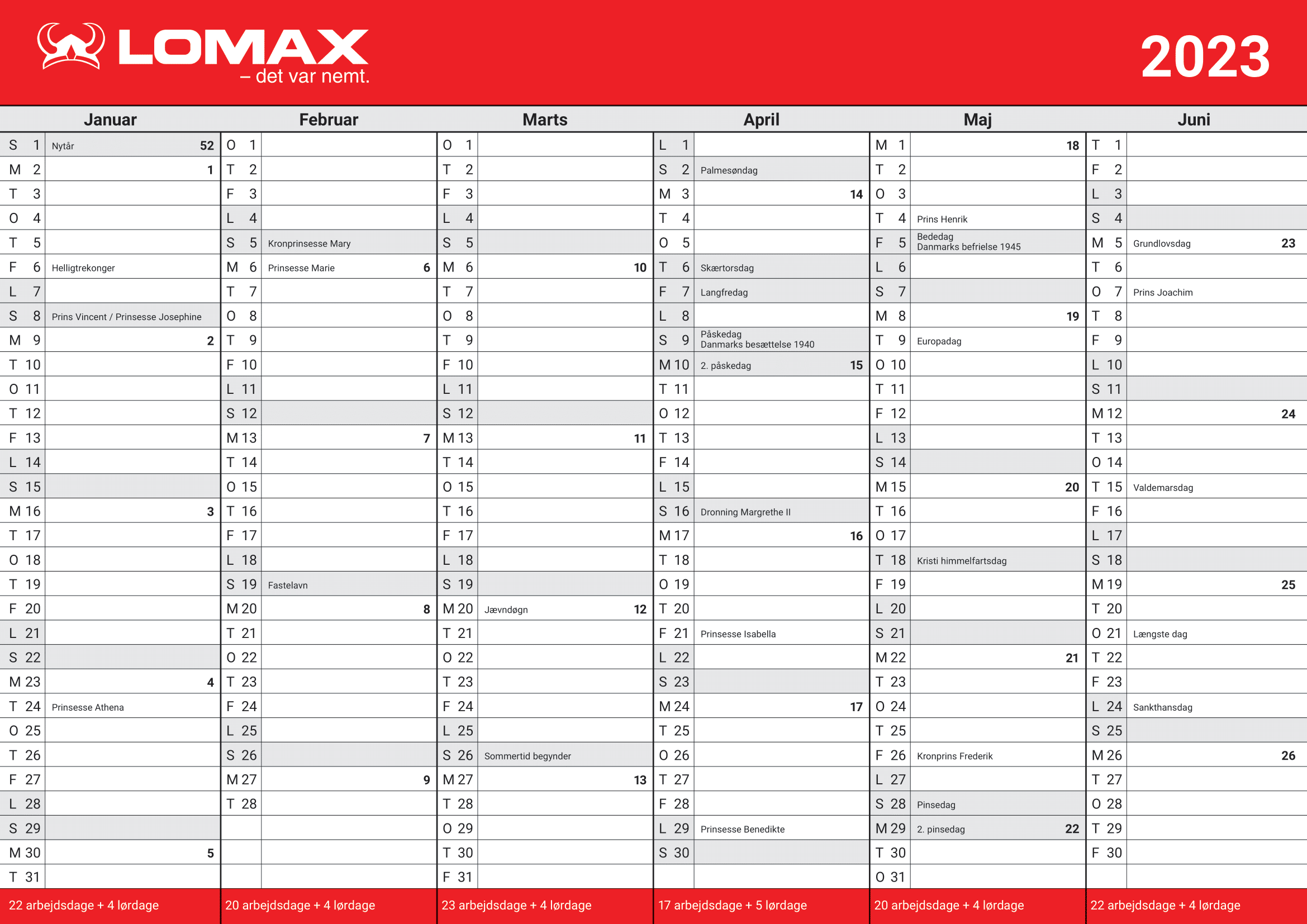 Kalender 2023 - Gratis Print Selv Kalender 2023  Lomax A/S