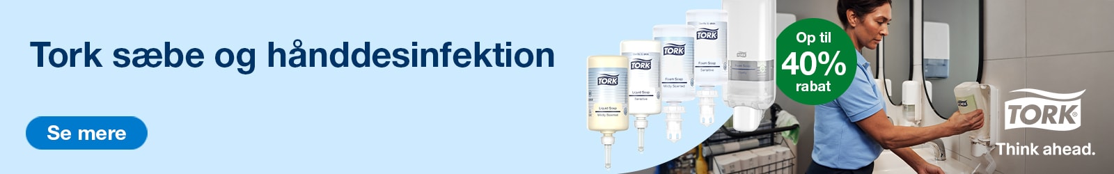 Tork kampagnebanner til tork kampagnelanding_sæbe og hånddesinfektion_op til 40 procent rabat