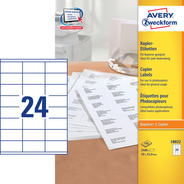 Avery 18022 kopietiketter, 33,9 x 70mm, 2400stk