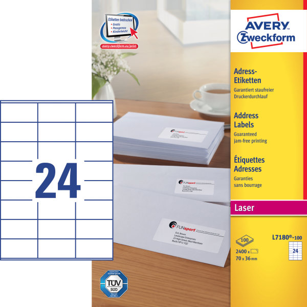 Avery L7180-100 adr.etiketter, 70 x 36mm, 2400stk
