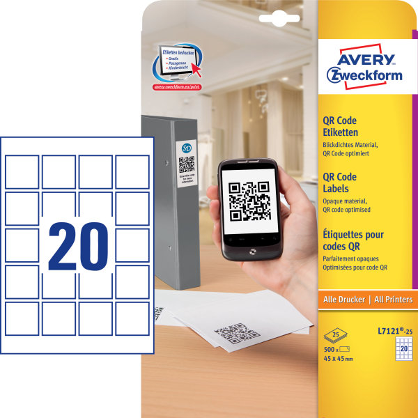 Avery L7121 QR etiketter | 45x45 mm | 500 stk.