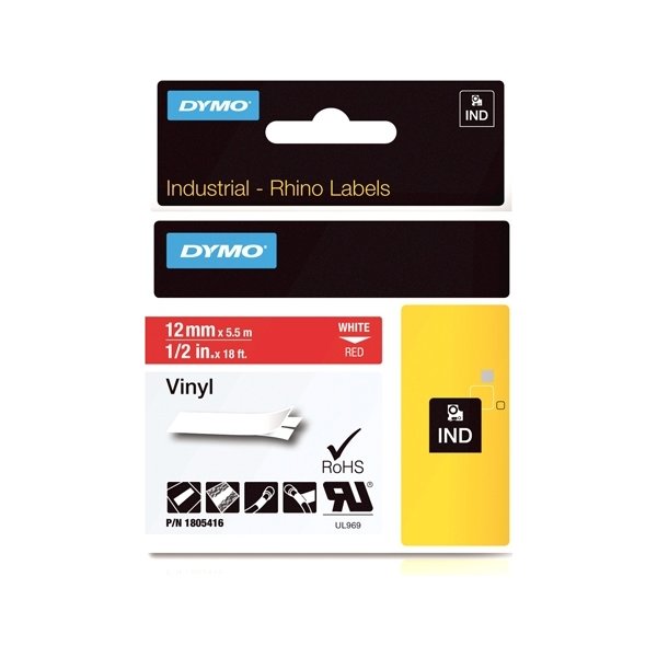 Dymo Rhino Vinyltape 12mm, hvid på rød