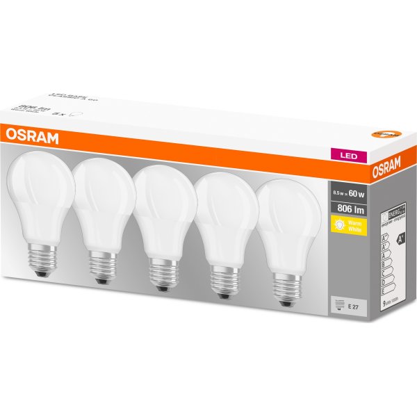 Osram LED Standardpære E27, 8,5W=60W 5-pak