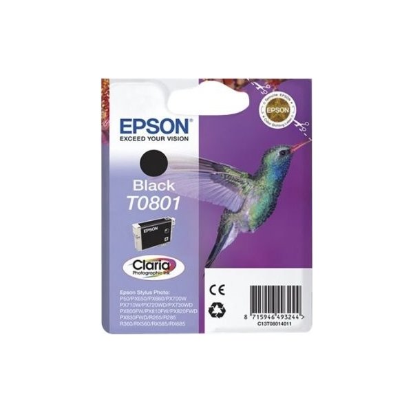 Epson Claria T0801 blækpatron, sort, m/alarm
