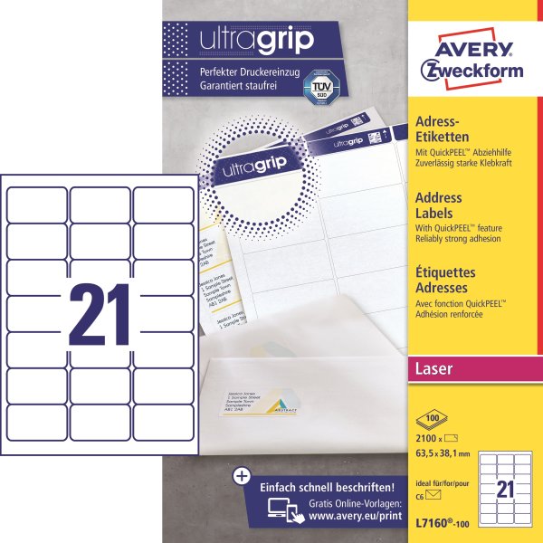 Avery L7160 Etiketter | 63,5x38,1 mm | 2100 stk.