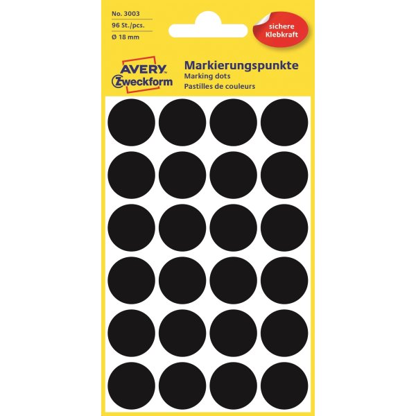 Avery Etiket farvedots | Ø18 mm | Sort | 96 stk.