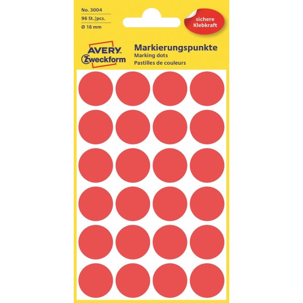 Avery Etiket farvedots | Ø18 mm | Rød | 96 stk.