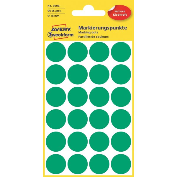 Avery Etiket farvedots | Ø18 mm | Grøn | 96 stk.