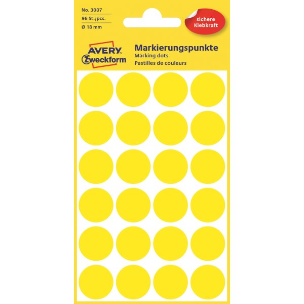 Avery Etiket farvedots | Ø18 mm | Gul | 96 stk.