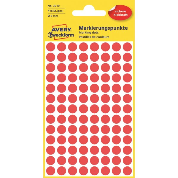 Avery Etiket farvedots | Ø8 mm | Rød | 416 stk.
