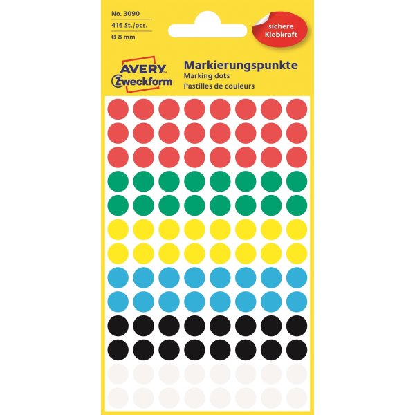 Avery Etiket farvedots | Ø8 mm | Mix | 416 stk.