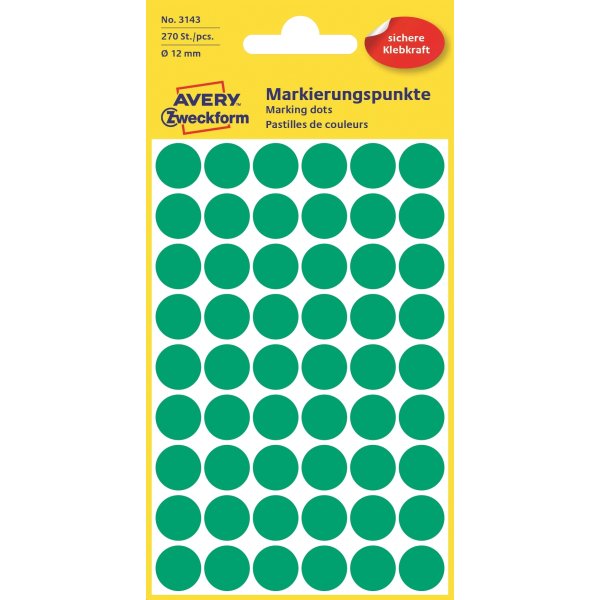 Avery Etiket farvedots | Ø12 mm | Grøn | 270 stk.
