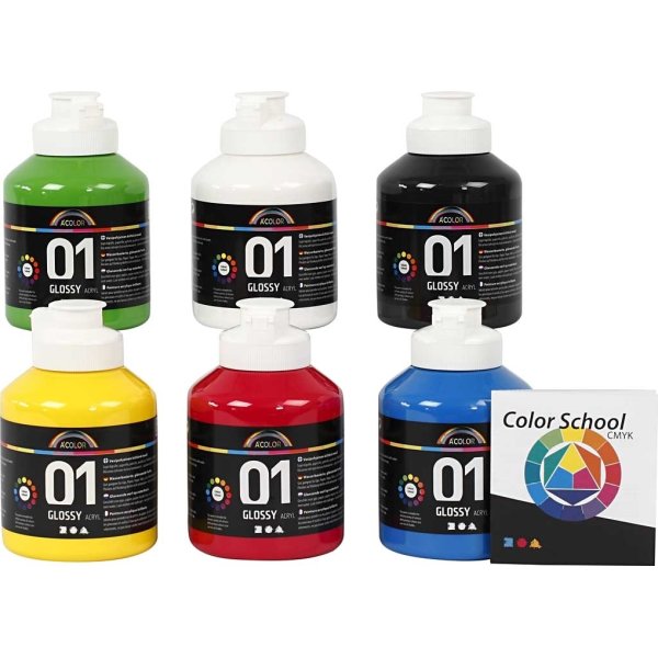 A'Color Akrylmaling, 6x500 ml, blank, primærfarver