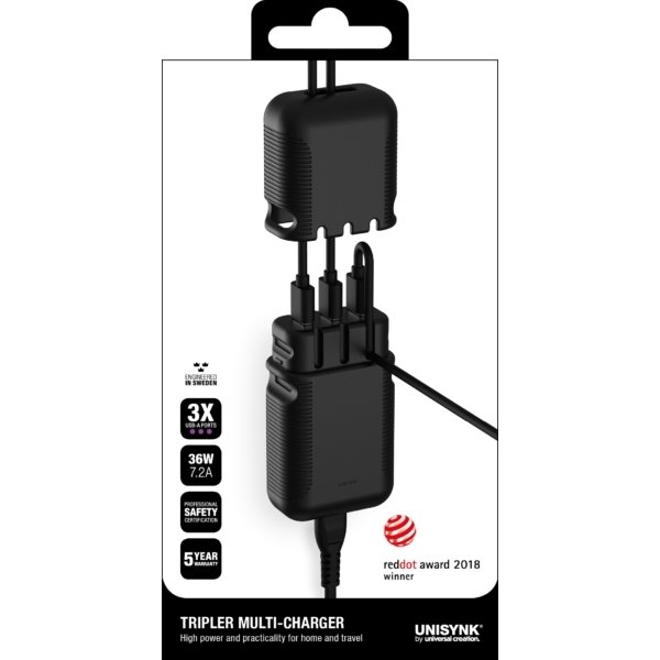 UNISYNK multi-oplader, 3 x USB-A, 7.2A, sort
