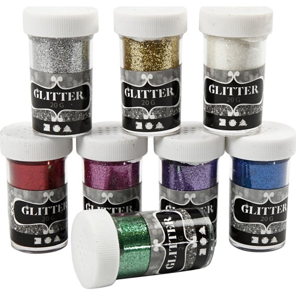 Glitterdrys, ass. farver, 8x20 g