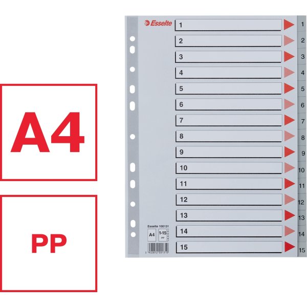 Esselte register A4, 1-15, plast, grå