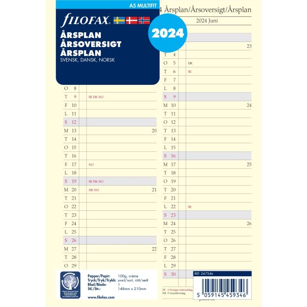 Filofax 2024 Refill A5 Årsplan Lomax