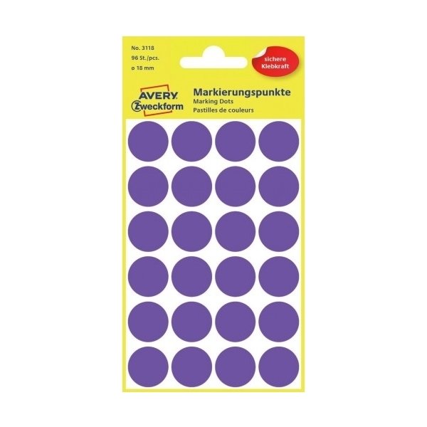 Avery Etiket farvedots | Ø18 mm | violet | 96 stk.