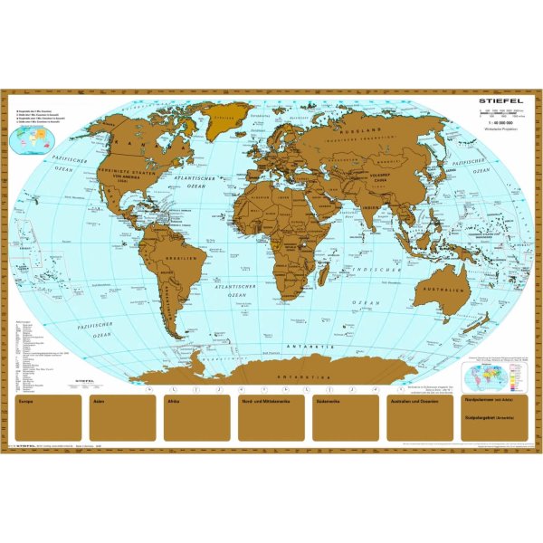 Gå vandreture Elektrisk sovende NAGA skrabe verdenskort 97x67 cm., guld/farvet | Lomax A/S