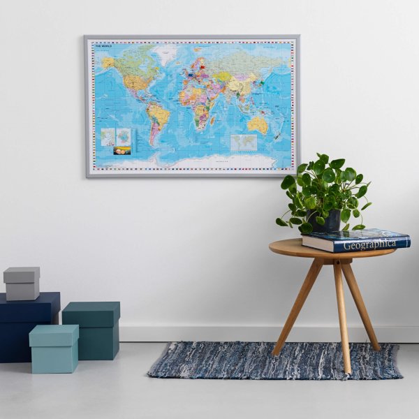NAGA indrammet verdenskort 60 x 90 cm., farvet