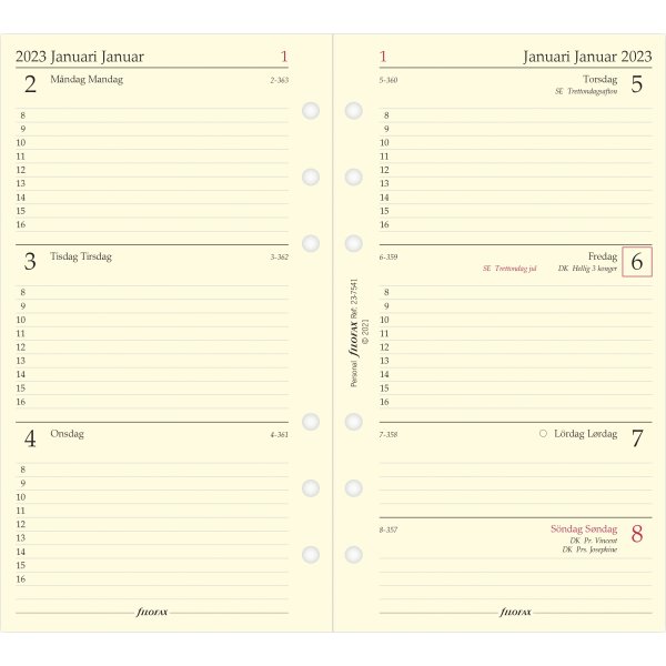 Filofax 2023 Refill | Personal | Uge | Tværf.
