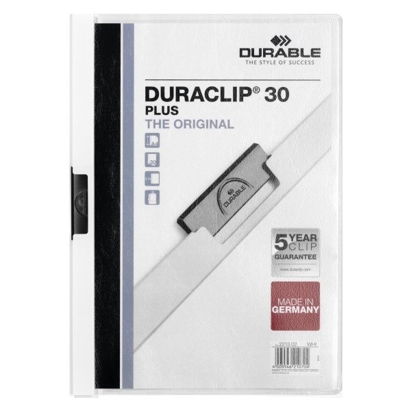 Durable Duraclip 30 Plus klämmapp, vit, 25 st.