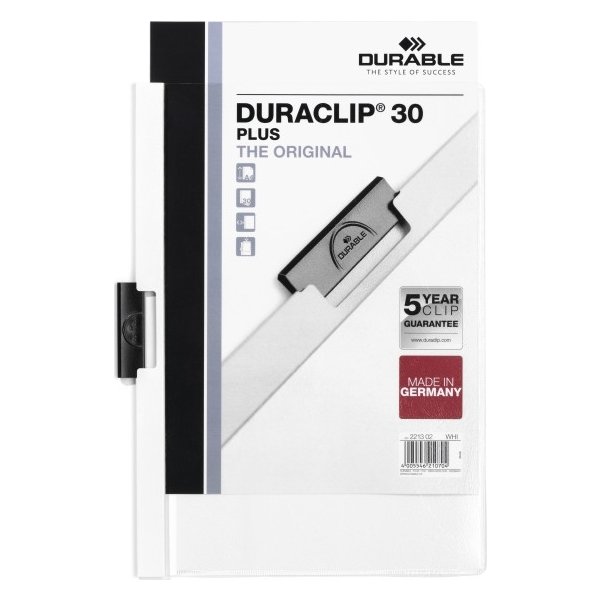 Durable Duraclip 30 Plus klämmapp, vit, 25 st.