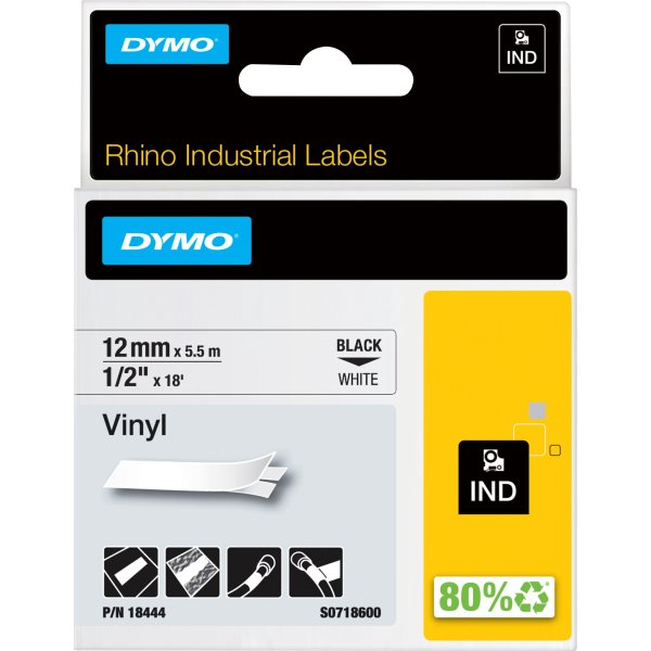 Dymo Rhino Vinyltape 12mm, sort på hvid