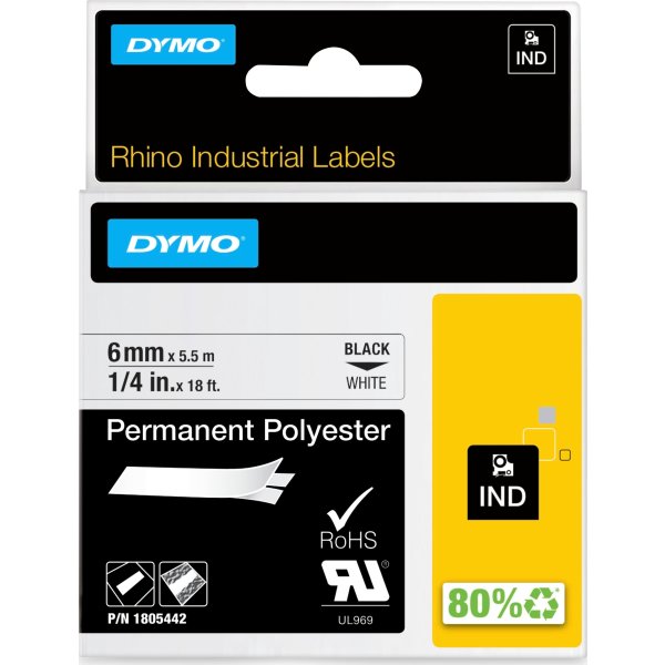 Dymo RHINO Permanent Polyester 6mm, sort på hvid