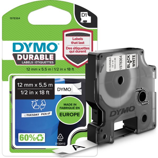 Dymo D1 Durable labeltape 12mm, sort på hvid