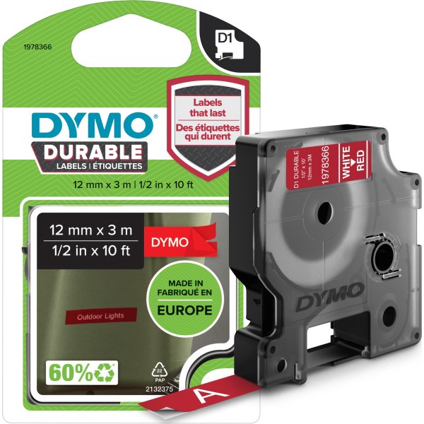 Dymo D1 Durable labeltape 12mm, hvid på rød