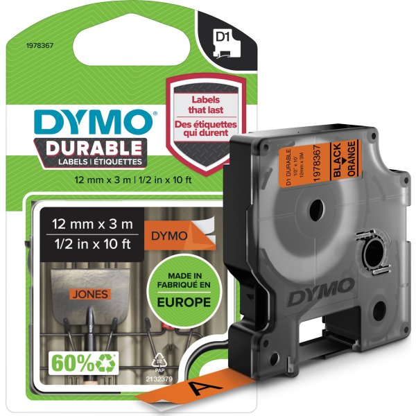Dymo D1 Durable labeltape 12mm, sort på orange