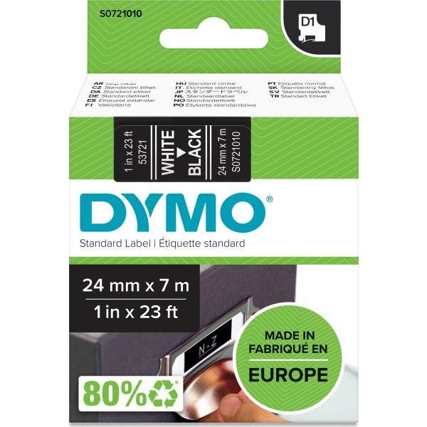 Dymo D1 labeltape 24mm, hvid på sort