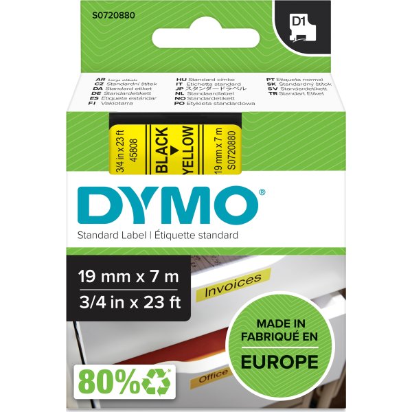 Dymo D1 labeltape 19mm, sort på gul