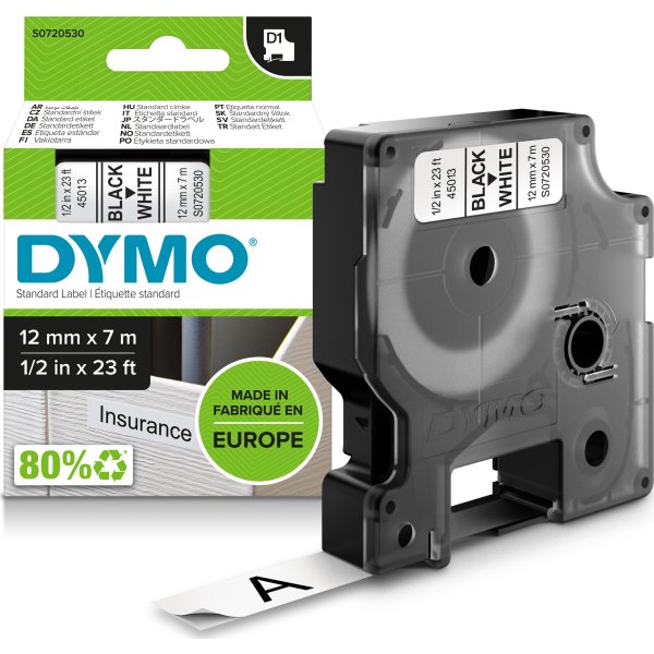lærred Lækker Faderlig Dymo D1 labeltape, 12mm, sort på hvid - Bestil din labeltape her | Lomax A/S