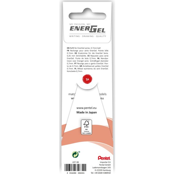 Pentel Energel Refill | 0,7 | Rød | 3 stk.