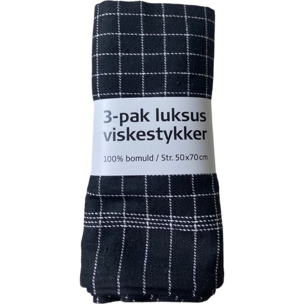 Viskestykke 50 x 70 cm, sort m/hvide tern, 3-pak