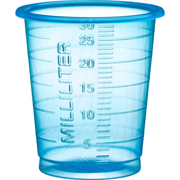 Medicinbæger m/graduering 30 ml, Ø3,8 cm, blå