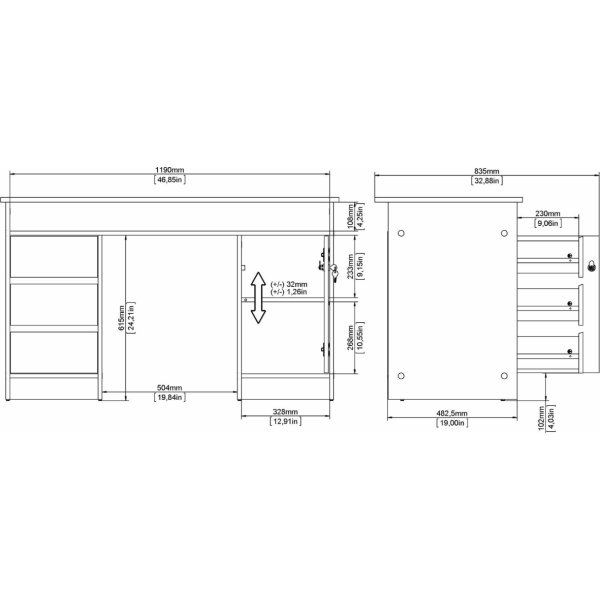 Small Officeline skrivebord, 1 skab/3 skuffer, eg