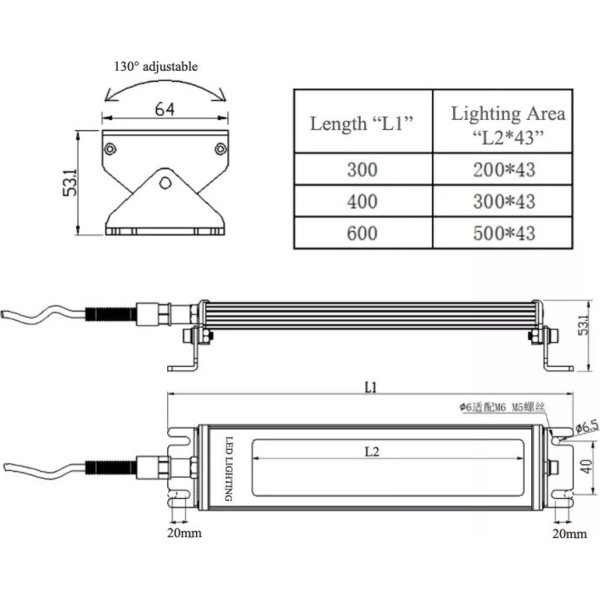 Firkantet LED maskinlampe, 300 mm (24V DC)